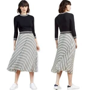 Ted Baker Lantai Knit Bodice Mockable Navy White Midi Dress 0 New